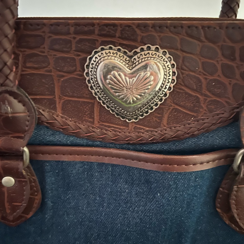 Vintage Brighton Leather Denim Satchel With Hearts Accents - Picture 2 of 8